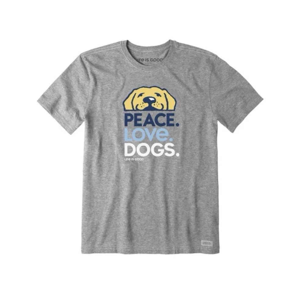 LIFE IS GOOD "Peace Love Dogs" Men's Tee- Large Size Gray Gift Birthday